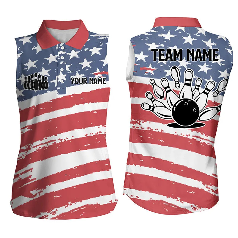 Custom Bowling Shirts For Women American Flag Patriotic Bowling Team Jerseys Sleeveless Polo Shirts